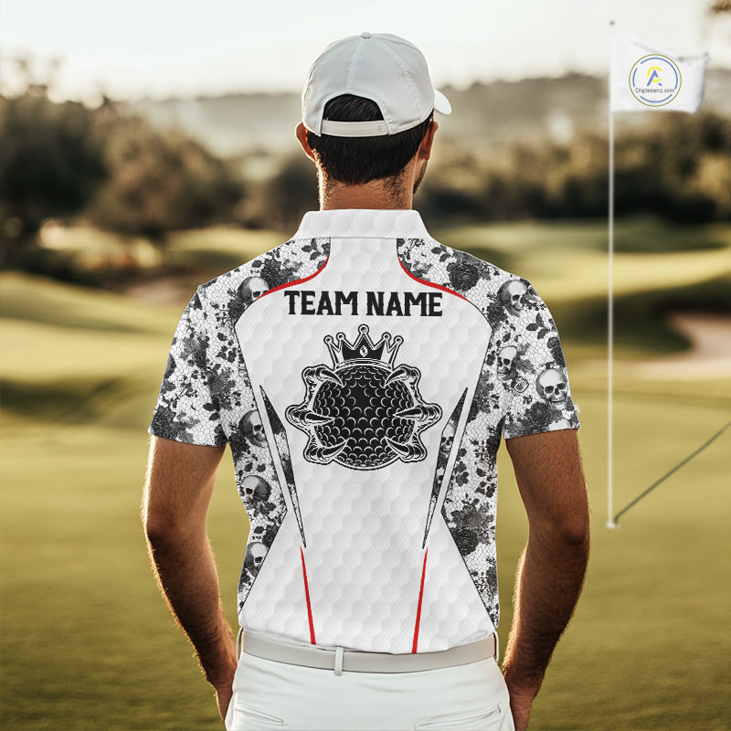 Black And White Skull Roses Golf Polo Shirts For Men Custom Golf Team Attire For Golfers NYN3256
