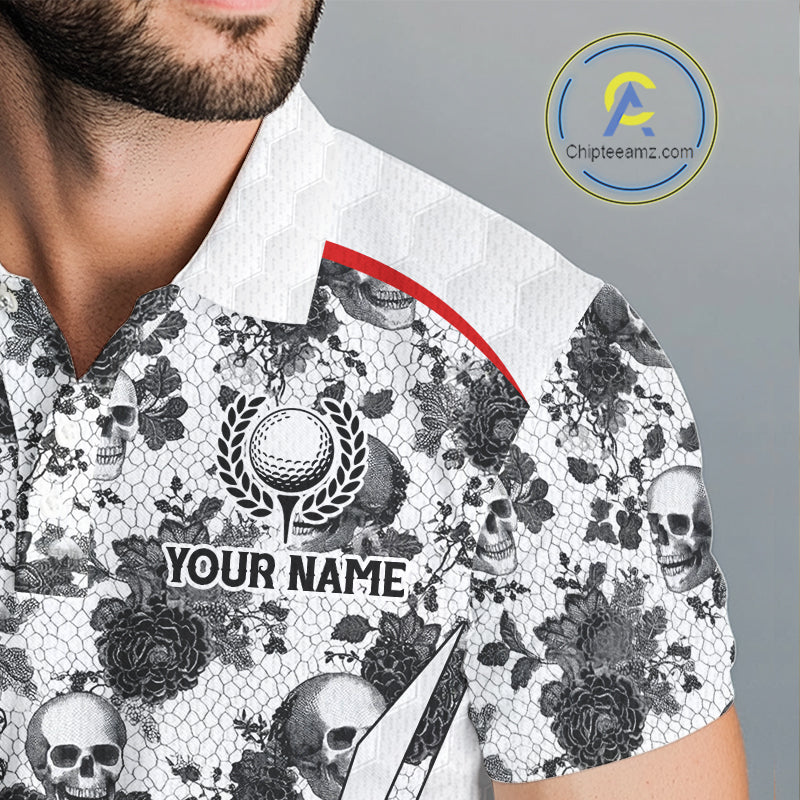 Black And White Skull Roses Golf Polo Shirts For Men Custom Golf Team Attire For Golfers NYN3256