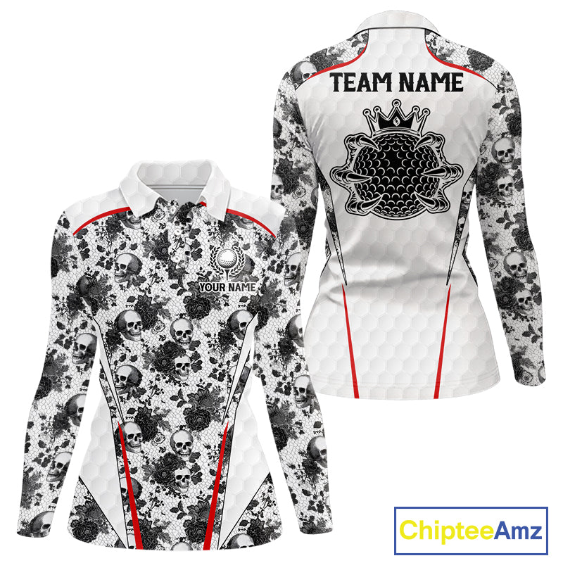 Black And White Skull Roses Golf Polo Shirts For Women Custom Golf Team Attire For Golfers NYN3256