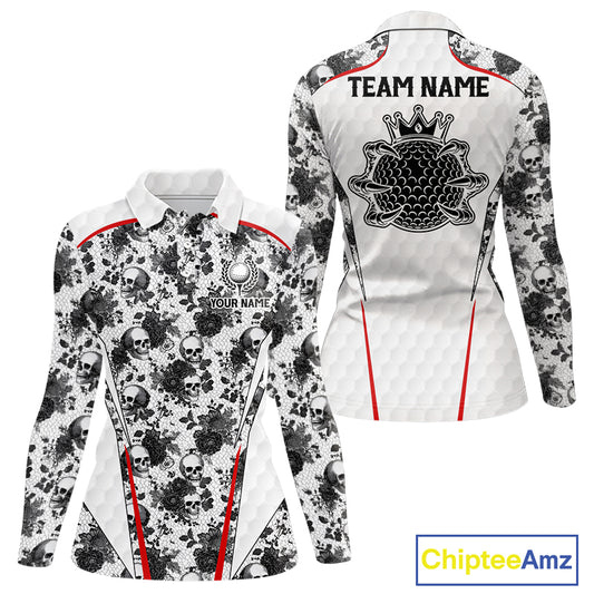 Black And White Skull Roses Golf Polo Shirts For Women Custom Golf Team Attire For Golfers NYN3256
