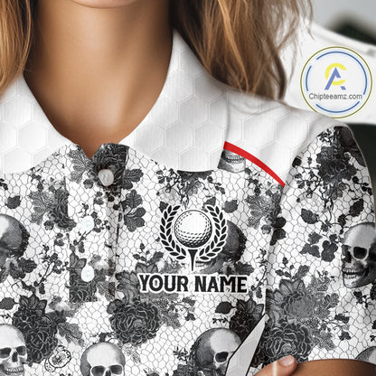 Black And White Skull Roses Golf Polo Shirts For Women Custom Golf Team Attire For Golfers NYN3256