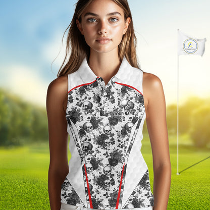 Black And White Skull Roses Golf Sleeveless Polo Shirts For Women Custom Golf Team Attire For Golfers NYN3256