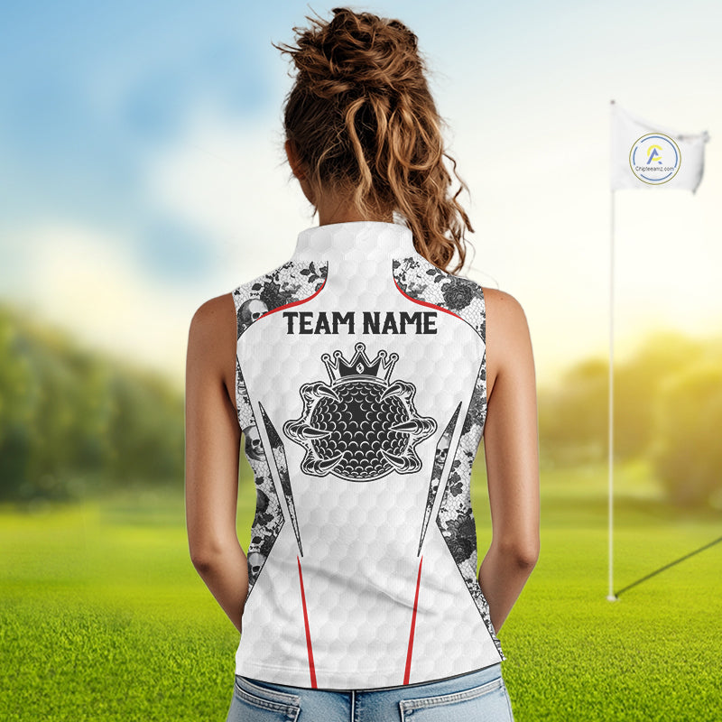 Black And White Skull Roses Golf Sleeveless Polo Shirts For Women Custom Golf Team Attire For Golfers NYN3256