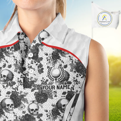Black And White Skull Roses Golf Sleeveless Polo Shirts For Women Custom Golf Team Attire For Golfers NYN3256