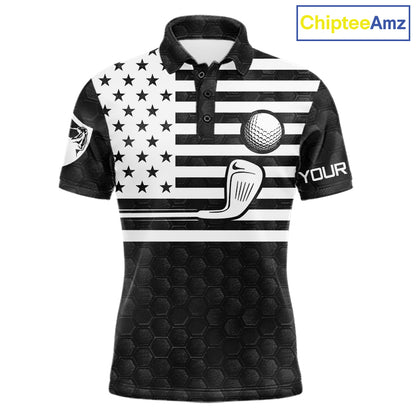 Black White Skull US Flag Men's Golf Polo Shirt mockup, personalized patriotic golf shirt, skull American flag golf apparel, custom golf jersey, performance polo, Memorial Day and Independence Day golf clothing.