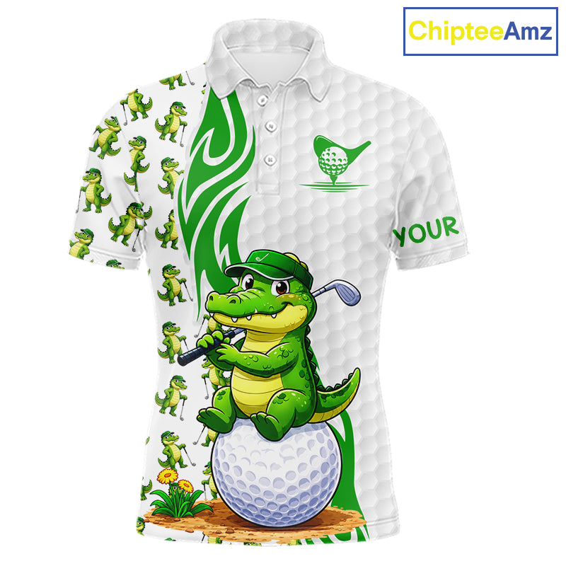 Funny Alligator Men's Golf Polo Shirt mockup with alligator pattern, personalized golf apparel, custom golf team polo, moisture-wicking performance shirt, wildlife golf fashion, golf tournament clothing.