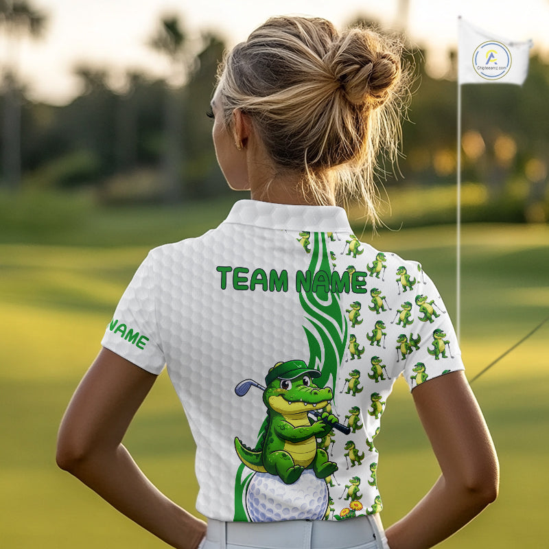 Women's model wearing Funny Alligator Golf Polo Shirt, trendy animal golf apparel, oversized golf fashion, personalized golf clothing, matching golf couple outfit.