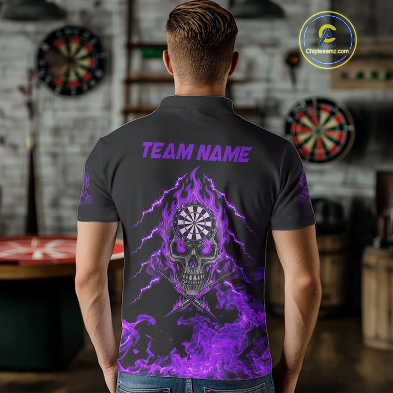 Custom Purple Flames Skull Dart Arrow Dart Men Polo Jerseys Flame Dart Team Shirt NYN1708