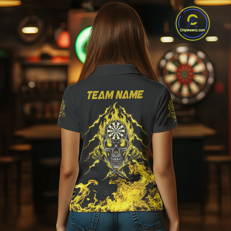 Custom Yellow Flames Skull Dart Arrow Women Men Polo Jerseys Flame Dart Team Shirt NYN1709