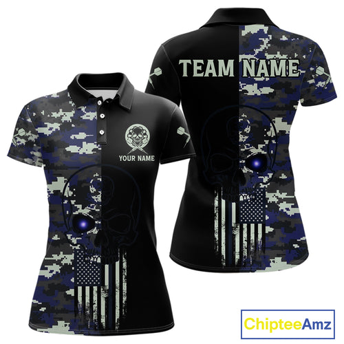 Black And Blue US Flag Digital Camo Skull Custom Men Darts Polo Shirt Dart Gifts NYN1985