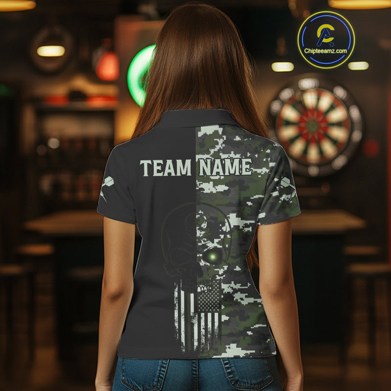 Black Green Military US Flag Digital Camo Skull Custom Men Darts Polo Shirt Dart Gifts NYN1986