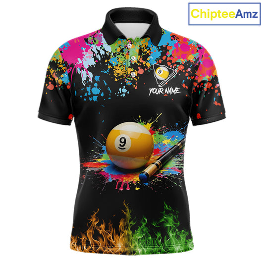 Colorful Paint & Flame 9 Ball Billiard Shirt For Men Personalized Cue Billiard Team Shirt NYN3089