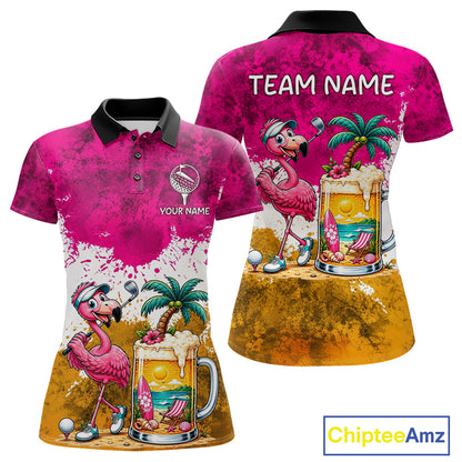 Yellow - Pink Grunge Womens Golf Polo Shirt Custom Flamingo Summer Tropical Golf Team Clothing NYN3263