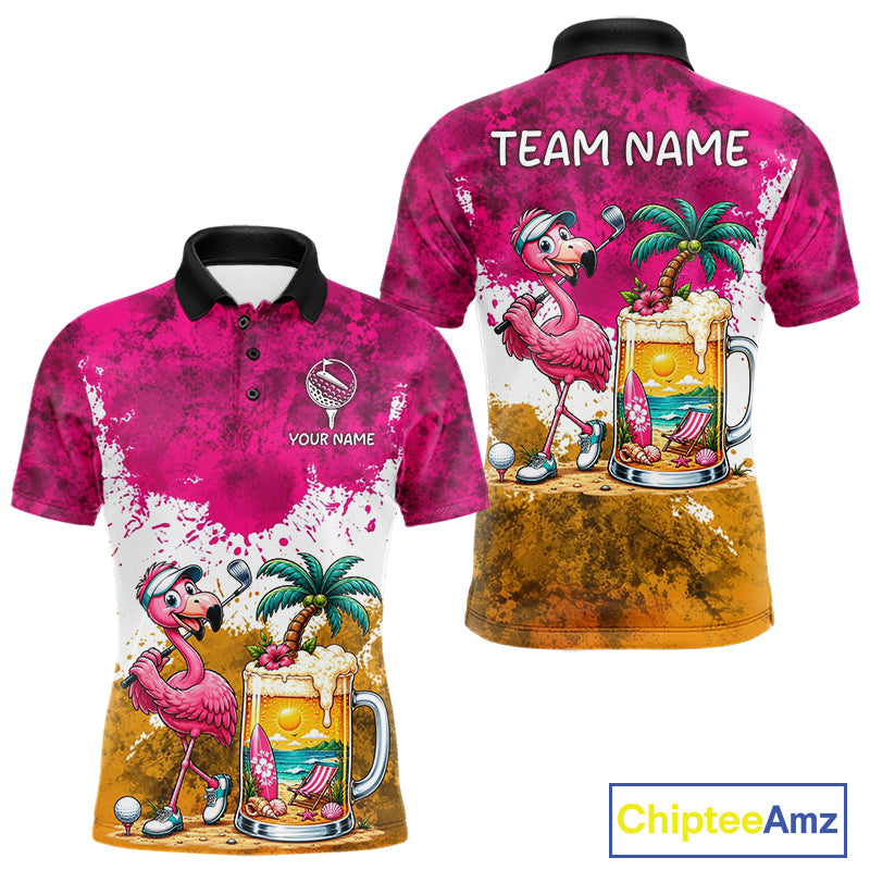 Yellow - Pink Grunge Mens Golf Polo Shirt Custom Flamingo Summer Tropical Golf Team Clothing NYN3263