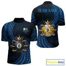 Load image into Gallery viewer, Blue Tribal Skull Crown men's quarter zip billiard shirt custom 8 ball 9 ball team jersey, professional cue sports uniform