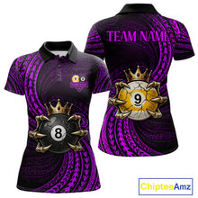 Load image into Gallery viewer, Purple Tribal Skull Crown women's billiard polo shirt custom 8 ball 9 ball team jersey, personalized pool apparel