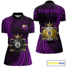 Load image into Gallery viewer, Purple Tribal Skull Crown women's quarter zip billiard shirt custom billiards team uniform, cue sports apparel