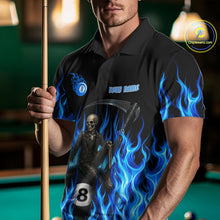 Load image into Gallery viewer, Male pool player wearing Blue Grim Reaper fire flame billiard jersey during APA league competition