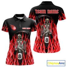 Load image into Gallery viewer, Red Grim Reaper women's billiard polo shirt custom fire flame pool jersey, personalized billiards team apparel