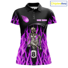 Load image into Gallery viewer, Purple Grim Reaper women's billiard polo shirt custom fire flame pool jersey, personalized billiards apparel