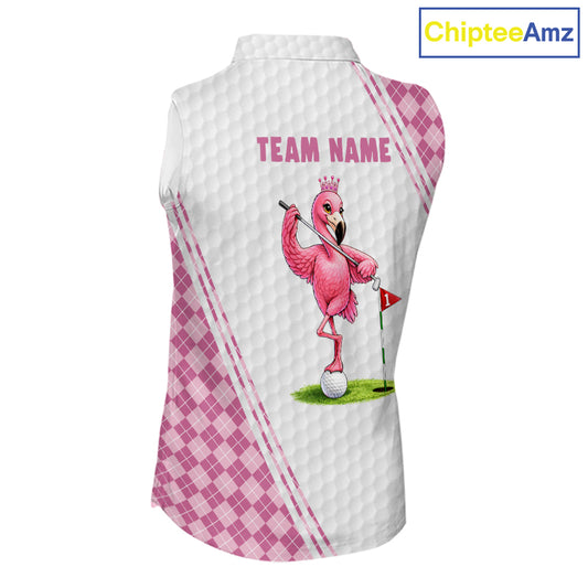 Funny Womens Golf Sleeveless Polo Shirt Custom Crown Flamingo Pink Argyle Pattern Golf Clothing Shirts NYN2876