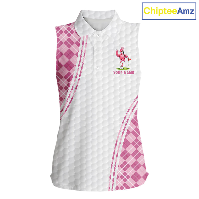 Funny Womens Golf Sleeveless Polo Shirt Custom Crown Flamingo Pink Argyle Pattern Golf Clothing Shirts NYN2876