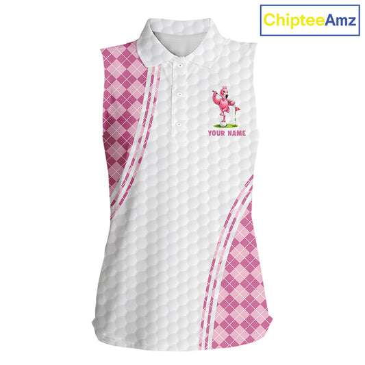 Funny Womens Golf Sleeveless Polo Shirt Custom Crown Flamingo Pink Argyle Pattern Golf Clothing Shirts NYN2876