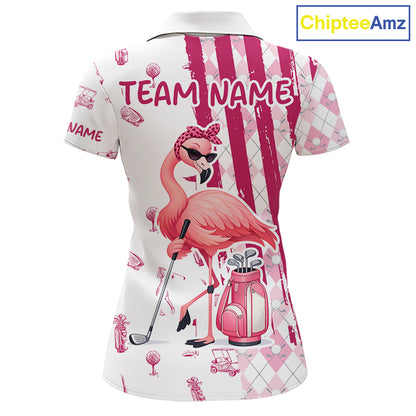 Custom Funny Flamingo Womens Golf Shirt Polo, Pink Paint Argyle Pattern Golf Team Outfits For Ladies NYN3095