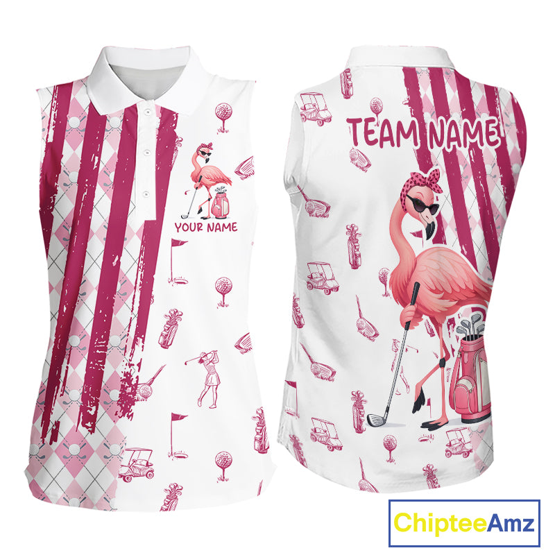 Custom Funny Flamingo Womens Golf Shirt Sleeveless Polo, Pink Paint Argyle Pattern Golf Team Outfits For Ladies NYN3095