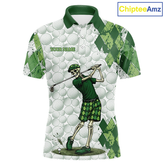 Funny Mens Golf Polo Shirt Custom Green Argyle Pattern Golf Ball Personalized Skull Golf Shirts NYN3100
