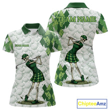 Load image into Gallery viewer, Funny Womens Golf Polo Shirt Custom Green Argyle Pattern Golf Ball Personalized Skull Golf Shirts NYN3100