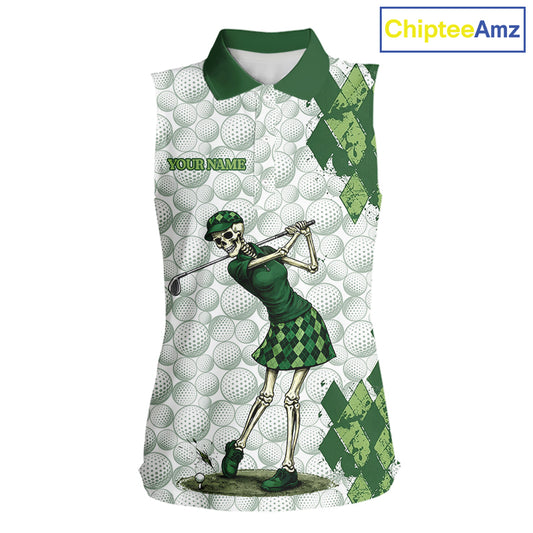 Funny Womens Golf Sleeveless Polo Shirt Custom Green Argyle Pattern Golf Ball Personalized Skull Golf Shirts NYN3100