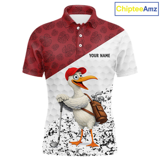 Funny Duck Golfer Mens Golf Polo Shirt Custom Black Grunge Tropical Team Golf Shirts | Red NYN3101