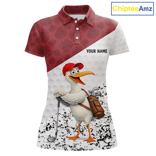 Funny Duck Golfer Womens Golf Polo Shirt Custom Black Grunge Tropical Team Golf Shirts | Red NYN3101