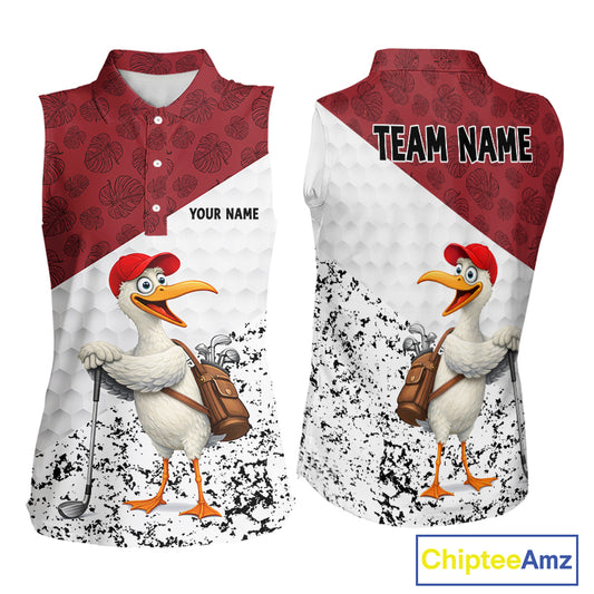 Funny Duck Golfer Womens Golf Sleeveless Polo Shirt Custom Black Grunge Tropical Team Golf Shirts | Red NYN3101