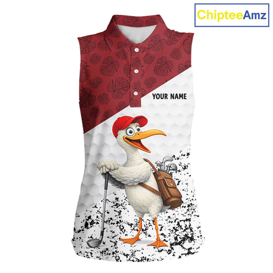 Funny Duck Golfer Womens Golf Sleeveless Polo Shirt Custom Black Grunge Tropical Team Golf Shirts | Red NYN3101