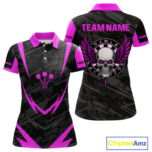 Women's Custom Darts Team Shirt - Purple Wings Skull Dartboard With Grunge Pattern NYN0324