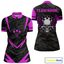 Load image into Gallery viewer, Women's Custom Darts Team Shirt - Purple Wings Skull Dartboard With Grunge Pattern NYN0324