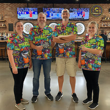 Load image into Gallery viewer, Men women darts team wearing Cool Shark custom dart uniforms, personalized tournament dart jerseys