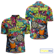 Load image into Gallery viewer, Cool Shark Dartboard Graffiti men's quarter zip darts shirt, custom shark dart team jersey, tournament apparel