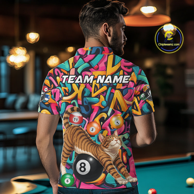 Male model wearing Funny Cat Graffiti custom billiard polo featuring colorful 8 Ball artwork, personalized APA league shirt, BCA tournament jersey, cue sports apparel.