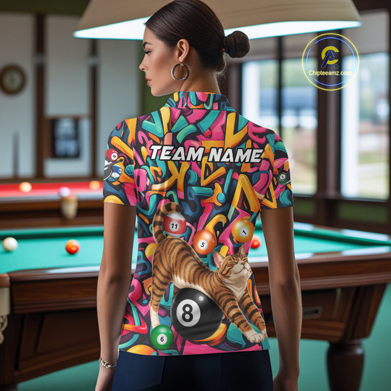 Female model wearing Funny Cat Graffiti personalized billiard polo, colorful 8 Ball design, custom pool team apparel, league uniform, sports club fashion, matching team outfit.