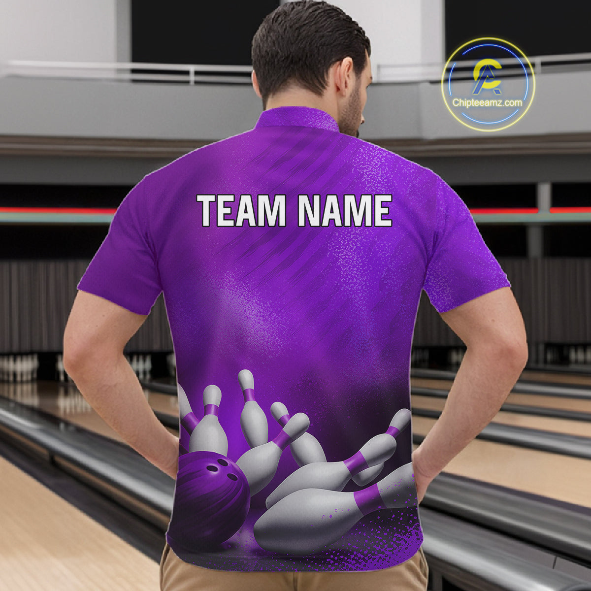 Male bowler wearing Purple bowling shirt featuring modern athletic design, victory mindset, team pride, personalized tournament apparel.