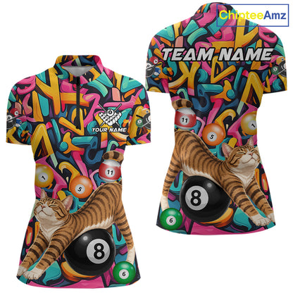 Women's Funny Cat Graffiti quarter zip billiard shirt with colorful 8 Ball design, personalized league jersey, tournament apparel, custom cue sports uniform, breathable athletic fabric.
