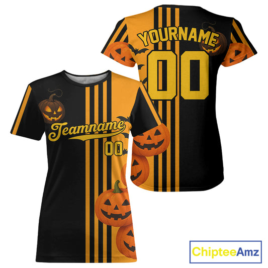 Custom Black-Orange Halloween Pumpkin Baseball T-Shirt For Women Outfits Baseball Shirts NYN1463