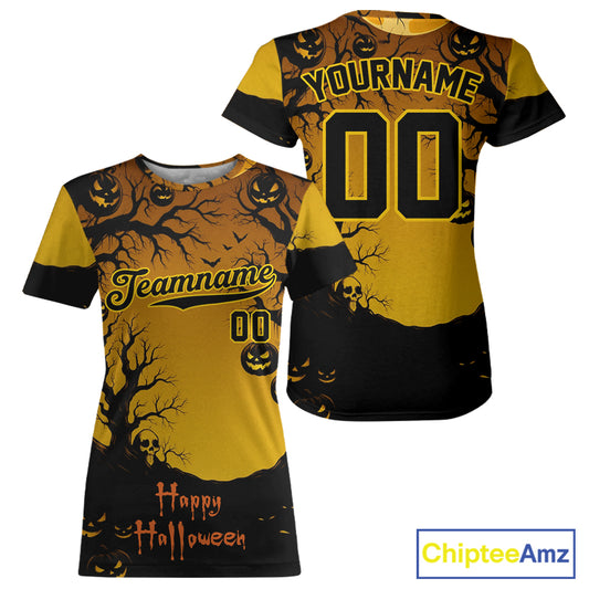 Custom Yellow Creepy Baseball Halloween T-Shirt For Women Happy Halloween Baseball Shirts NYN1472