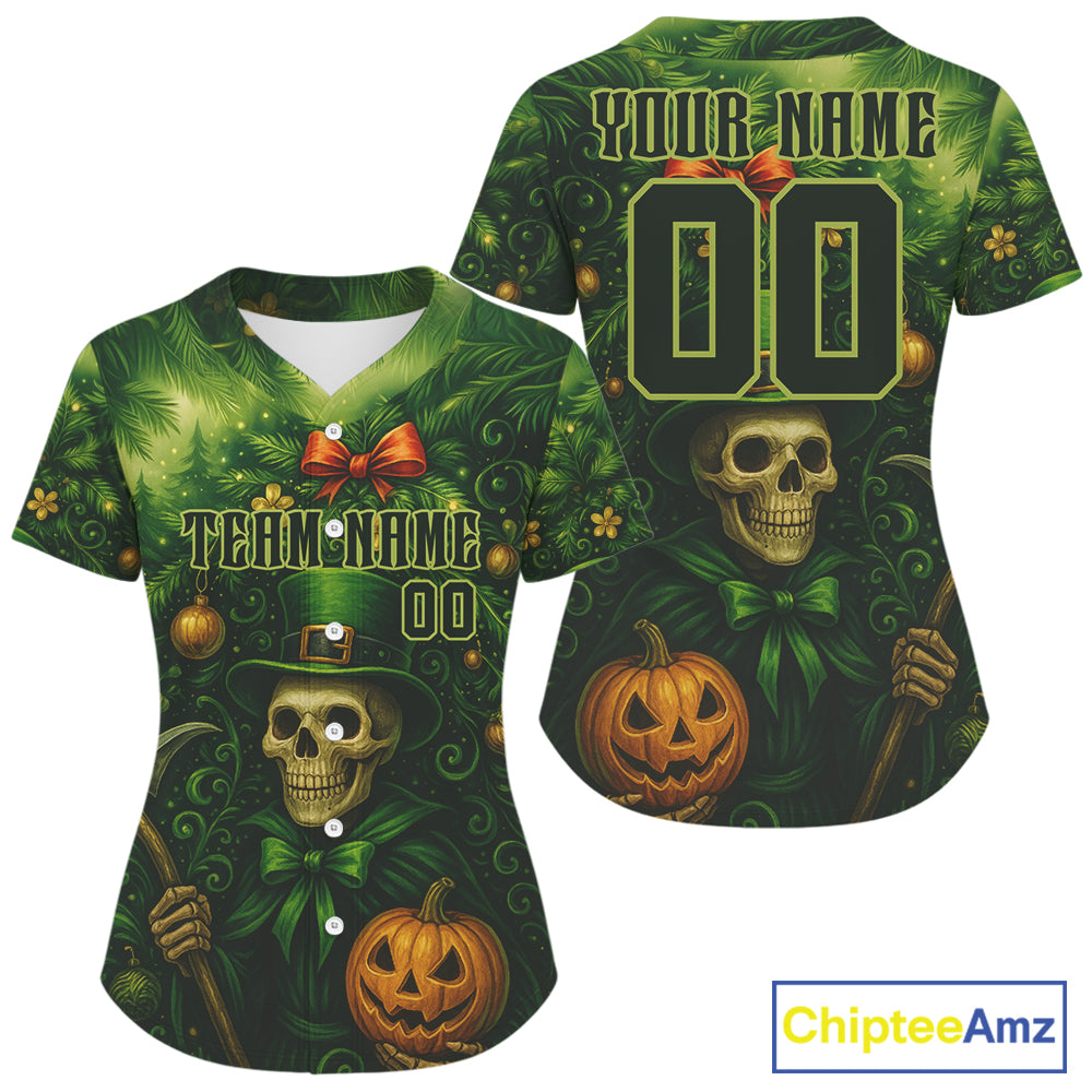 Custom Green Skull Patrick's Day Baseball Shirt For Women Xmas Tree Baseball Jerseys NYN1473