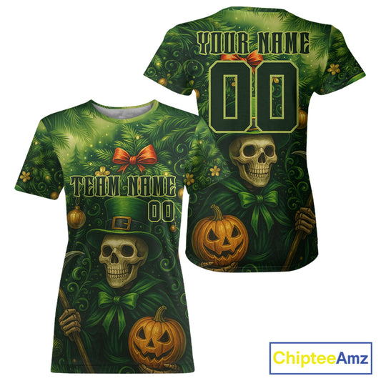 Custom Green Skull Patrick's Day Baseball T-Shirt For Women Xmas Tree Baseball Shirts NYN1473