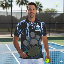 Load image into Gallery viewer, Custom Thunder Blue Flaming Skull Paddle &amp; Ball Pickleball Jerseys Men Pickleball Shirts NYN2229