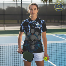 Load image into Gallery viewer, Custom Thunder Blue Flaming Skull Paddle &amp; Ball Pickleball Jerseys Women Pickleball Shirts NYN2229